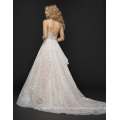 Modern Strap Detail at Back and Full Floral Skirt Wedding Dress with Layered Ivory Organza